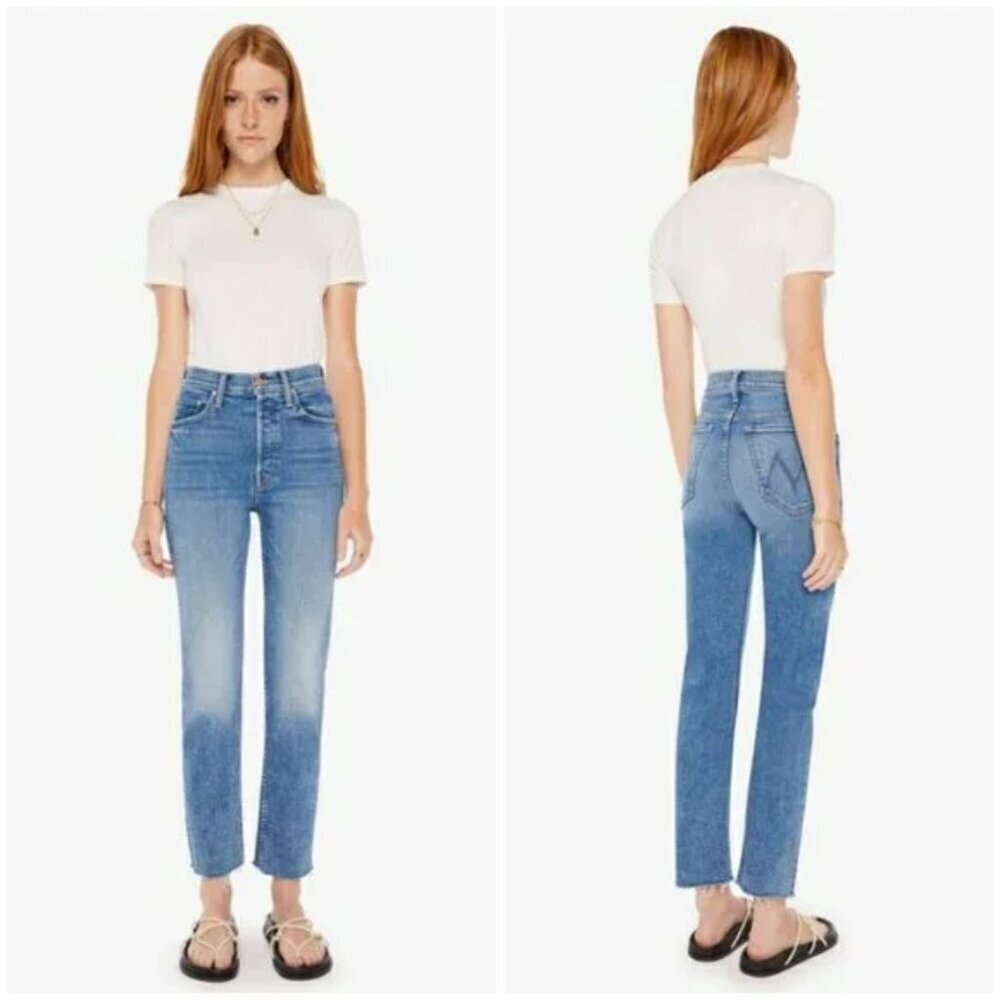 MOTHER The Tomcat Ankle Fray Jeans On The Road Blue Button Fly Raw Hem Size 25